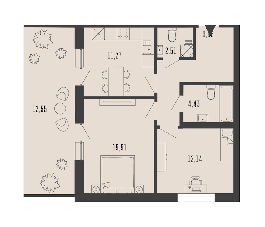 2-комнатная квартира 58.69 м², 2/5 эт., Комплекс апартаментов «Bereg. Курортный»